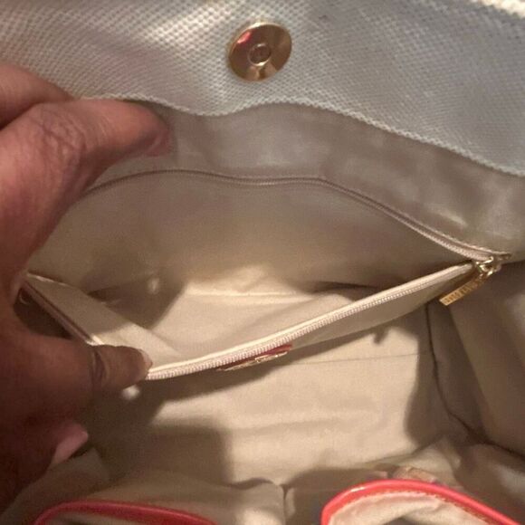 Tory Burch Canvas Tote Bag Neutral Blue Red Boho Strap Coastal Beach Vacation - Picture 9 of 12